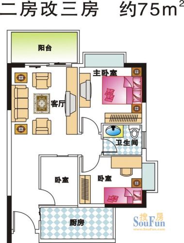 千禧嘉园户型图3栋01户型两房改三房75㎡