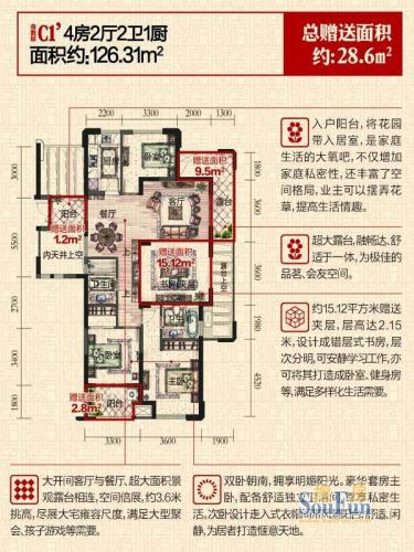 赞成学士府户型图2号楼c1户型图4室2厅2卫1厨