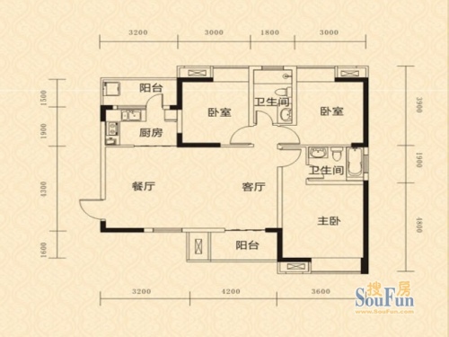 清江山水户型图3.1期b户型3室2厅2卫1厨