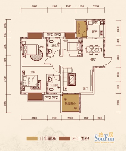 春语江山户型图一期7号楼标准层3号户型3室2厅2卫1厨