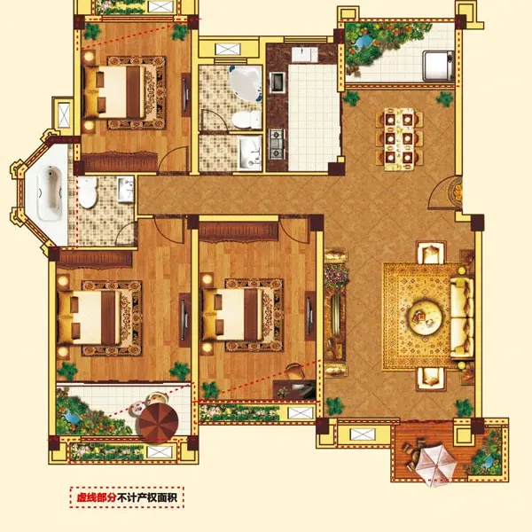 中大城户型5#,6#洋墅户型d5 3室2厅2卫1厨