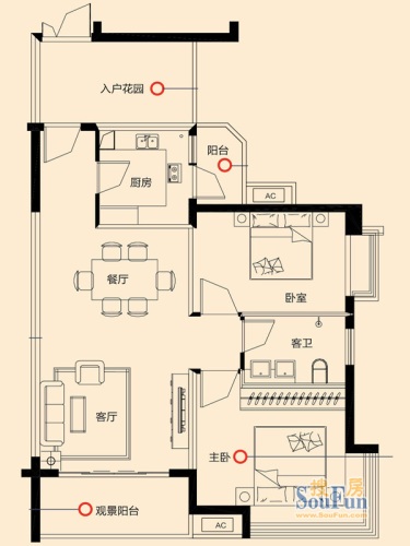 恒基凯旋门户型图17#18#03户型2室2厅1卫1厨