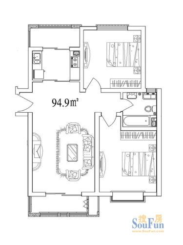 和骏新家园户型图洋房标准层94.9平米户型2室2厅1卫1厨
