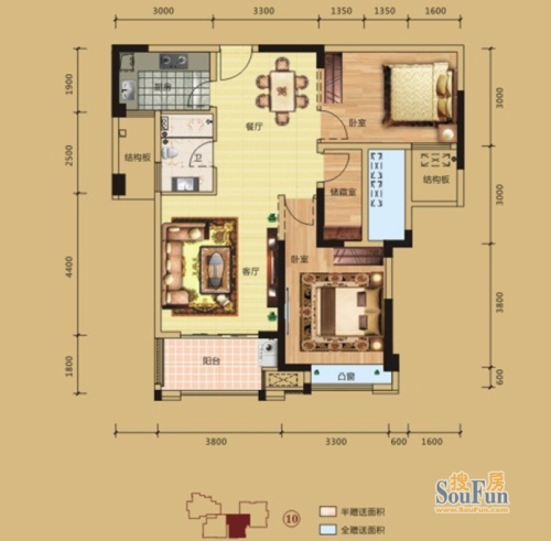 宏侨凯旋名门户型图10#d22室2厅1卫1厨