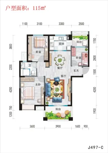 芜湖碧桂园户型图白鹭湾j497-c户型 三室两厅一厨一卫