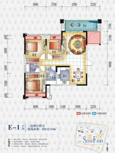 兴汇城户型图2期e-1户型3室2厅2卫1厨