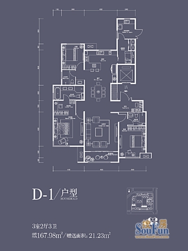 中建国熙台户型图d-1户型3室2厅3卫1厨