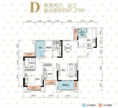 美利山公园城市户型图一期169-172号楼标准层d户型2室2厅2卫1厨