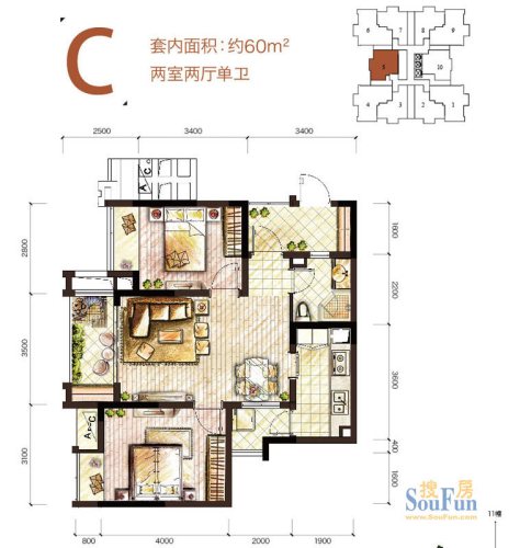 万科城户型图三期11栋标准层c户型2室2厅1卫1厨