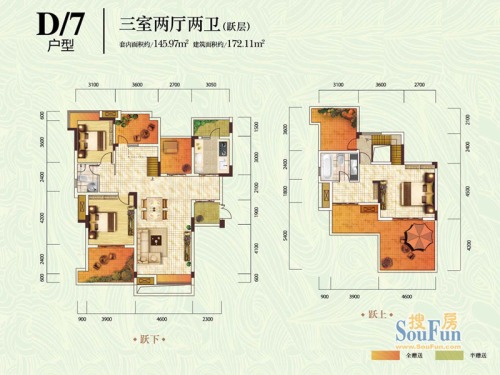 保亿丽景紫园户型图一期2号楼洋房跃层d-7户型3室2厅2卫1厨