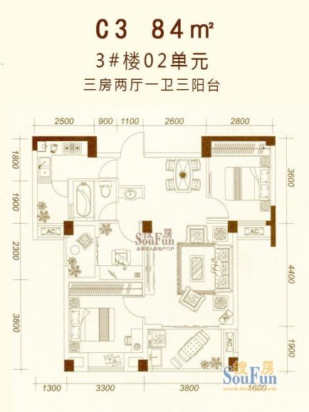 漳浦福晟钱隆首府(罄)3#楼02单元3室2厅1卫1厨 84.00