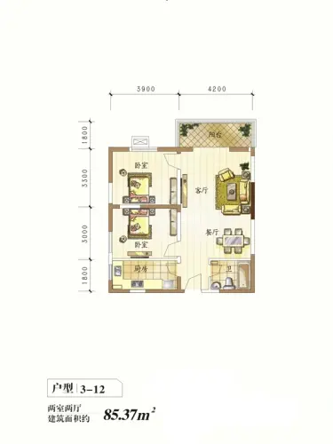 天伦御城龙脉户型图3-12户型2室2厅1卫1厨