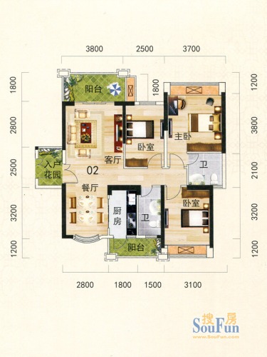 锦富·汇景湾户型图1幢02/2幢01户型3室2厅2卫1厨