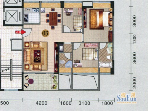 红棉雅苑户型图6座,7座2-15层03户型3室2厅2卫1厨