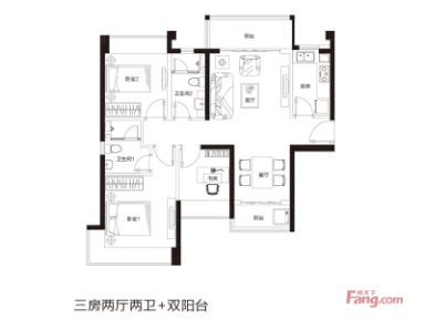 华发水岸户型图二期39-41栋w户型 3室2厅2卫1厨