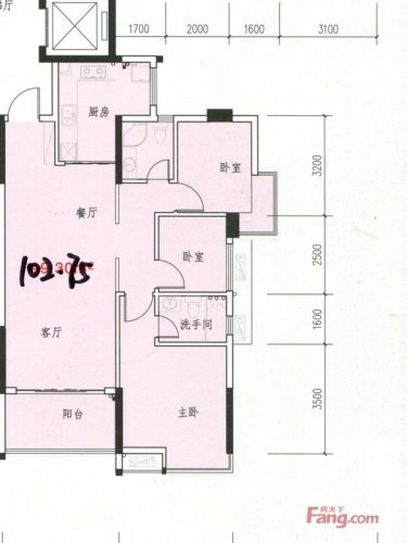 龙腾豪园户型图一期2号楼标准层04户型3室2厅2卫1厨