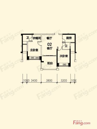 御海阳光户型图2栋4,6-19,21-22层02户型2室2厅1卫1厨