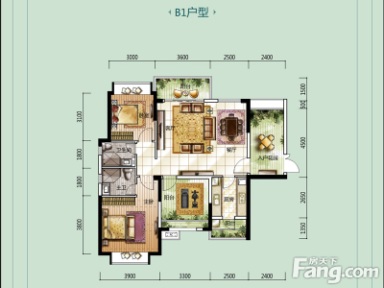 龙光城北三期b1户型 2室2厅2卫1厨