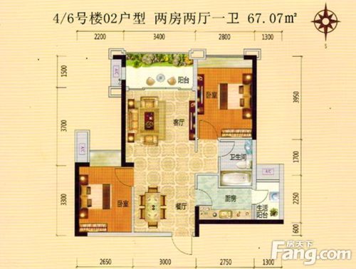 恒福尚城户型图4/6号楼02户型2室2厅1卫1厨