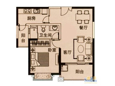 维罗纳贵都89#03室户型图 1室2厅1卫1厨