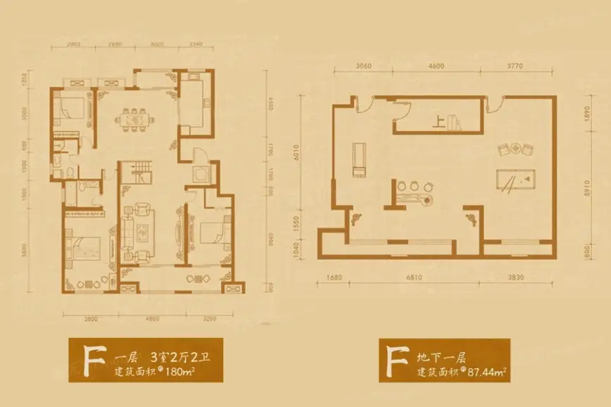 华新山水居f户型一层3室2厅2卫 180.00㎡_华新山水居