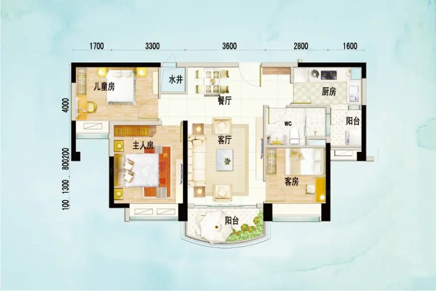 浏阳碧桂园幸福里02户型3室2厅1卫1厨 95.