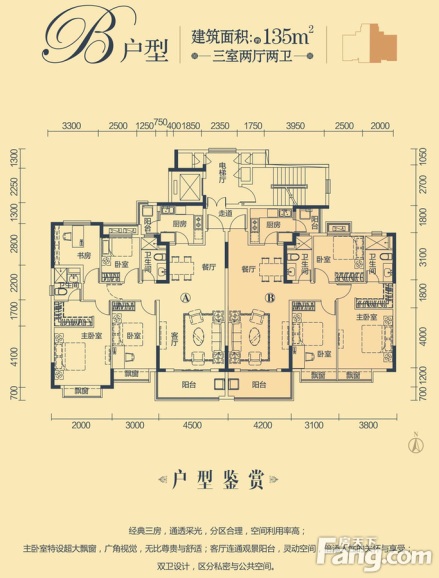 恒大首府高层2栋b户型135m3室2厅2卫1厨 135.00㎡_图