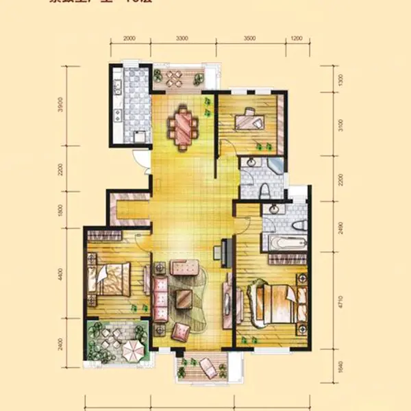 西安首创国际城户型41#平层 3室2厅2卫1厨