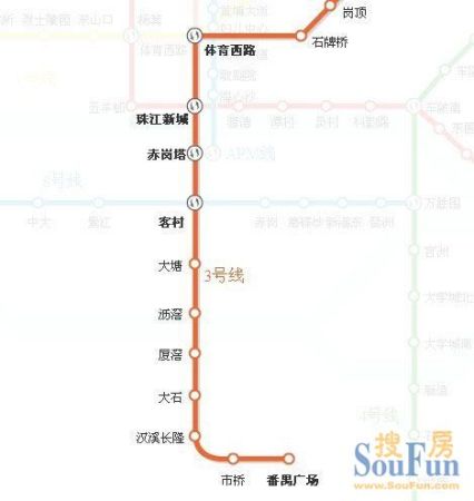 广州地铁3号线线路图;在番禺区内设有厦滘,大石,汉溪长隆,市桥及番禺