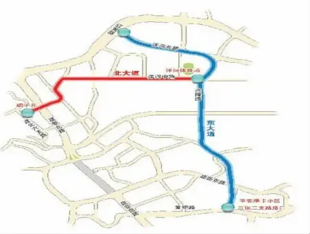 北大道东起洋河中路洋河体育场路段,西至渝澳大道,接爱丁堡北侧道路