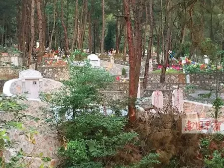 尧山下山索道两旁有大量的新建坟墓.