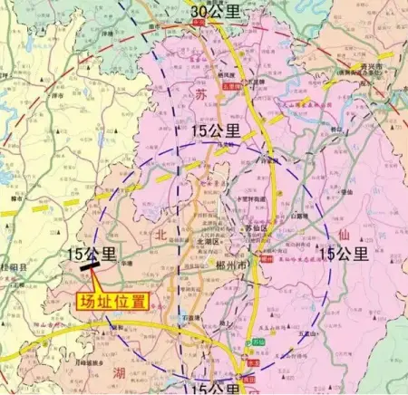 (郴州机场场址位置图,位于北湖区华塘镇,距离中心城区15公里)
