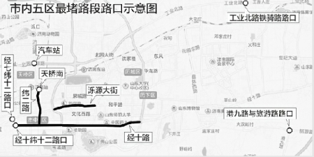 济南堵车地图:纬十二路施工 经十经七已暴堵
